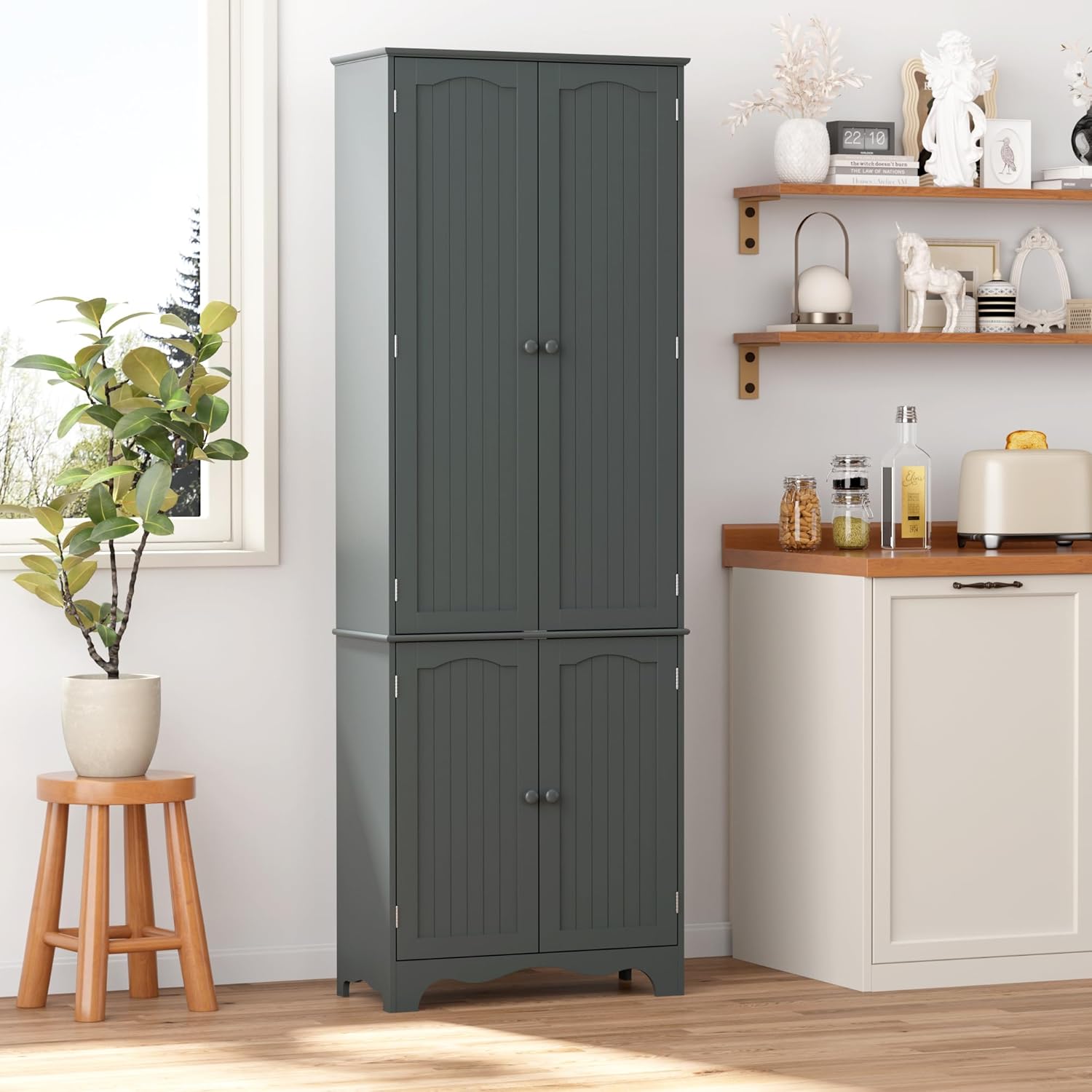 Yusong 72'' Tall Kitchen Pantry Cabinet, Freestanding Storage Cabinet with Doors and Shelves, Wooden Food Pantry Farmhouse Cupboard Buffet for Kitchen Dining Living Room, Gray