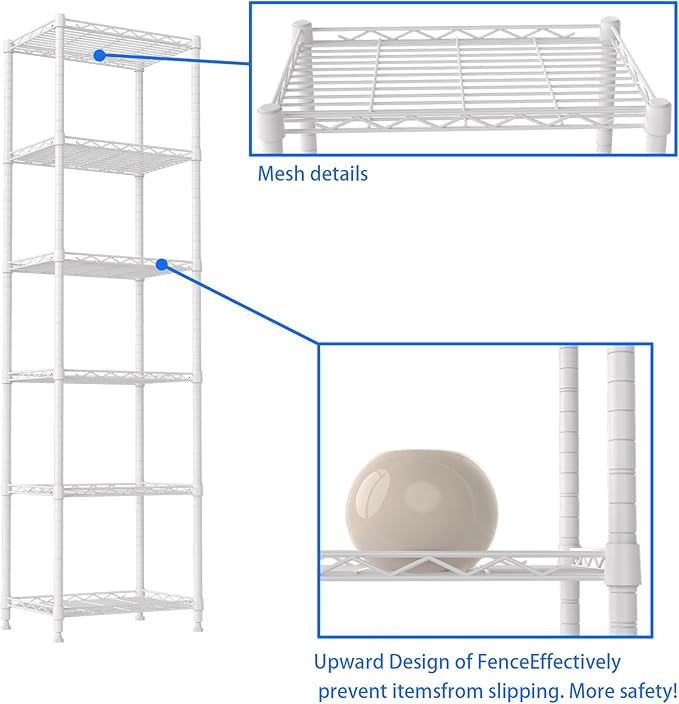 REGILLER 6 Wire Shelving Steel Storage Rack Adjustable Unit Shelves for Laundry Bathroom Kitchen Pantry Closet(White,11.7" D x 16.8" W x 63" H)