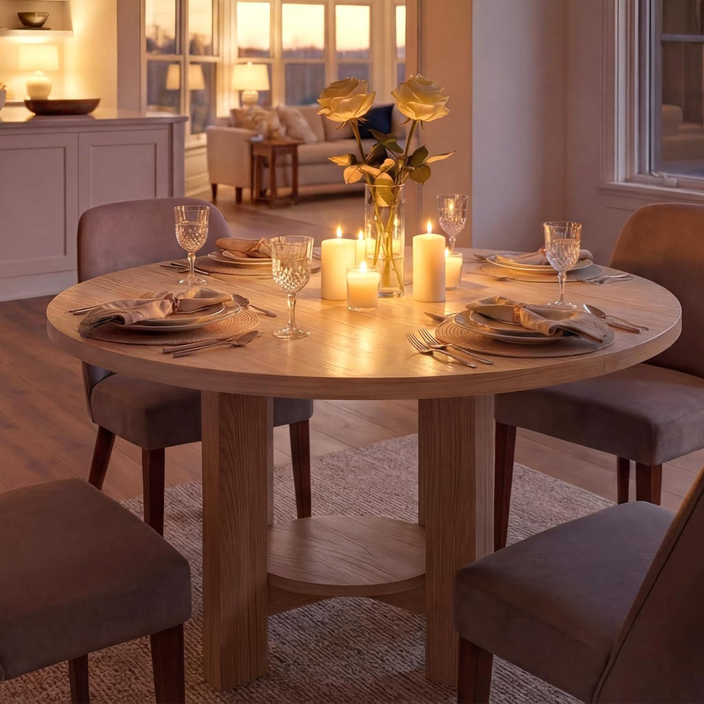 ModernMate 47 Inches Round Dining Table for 4-6 People, Wood Circle Kitchen Table with Under-Table Storage Shelf, Modern Dinner Table for Dining Room, Kitchen, Living Room, White Oak Gray