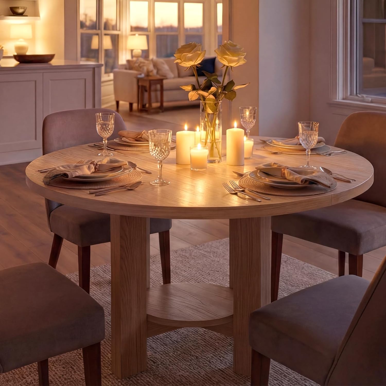 ModernMate 47 Inches Round Dining Table for 4-6 People, Wood Circle Kitchen Table with Under-Table Storage Shelf, Modern Dinner Table for Dining Room, Kitchen, Living Room, White Oak Gray