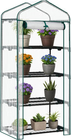 Outvita Mini Greenhouse, Small PE Plant Green House with 4 Tiers Rack, Shelf Clips, Roll-up Zipper Door, Gardening Supplies for Indoor Outdoor Seedling Frost Protection , 27"x19.6"x63" White