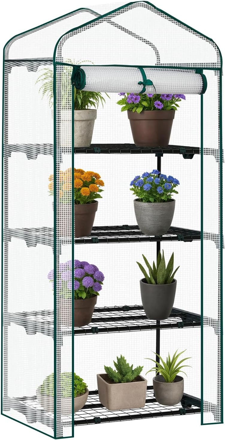 Outvita Mini Greenhouse, Small PE Plant Green House with 4 Tiers Rack, Shelf Clips, Roll-up Zipper Door, Gardening Supplies for Indoor Outdoor Seedling Frost Protection , 27"x19.6"x63" White