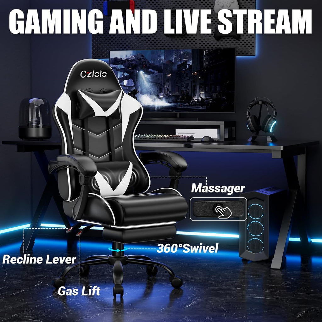 Czlolo Gaming Chair with Footrest Racing Style Lumbar Support Massager Video Game Chair with Metal Legs, High Back Reclining Gamer Chair with Headrest, 360° Swivel Office Computer Desk Chair (White)