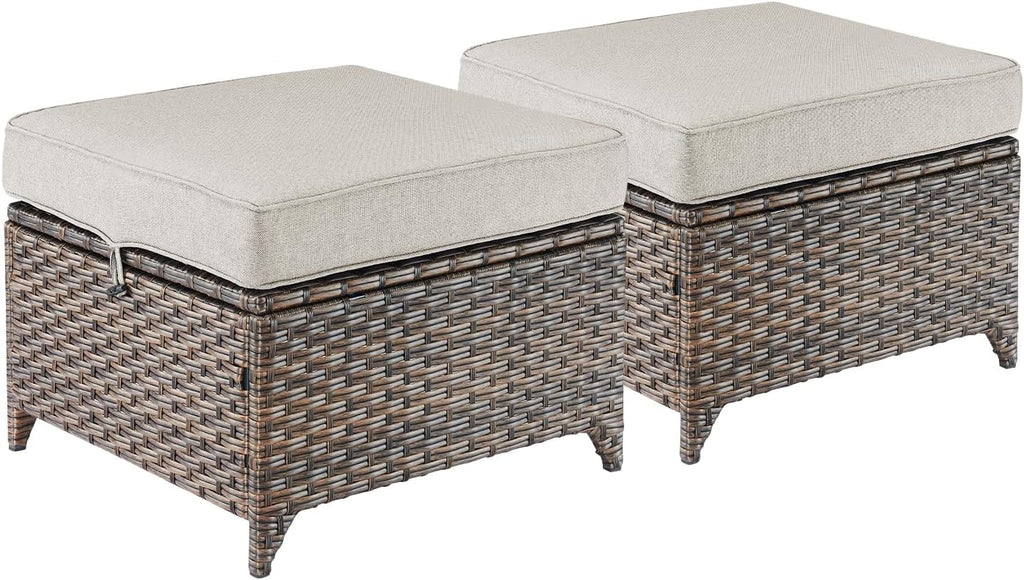 Outdoor Wicker Ottomans Rattan Footrests - Heavy Duty Outside Resin Rattan Lawn Footstools for Front Porch Balcony Backyard Yard Deck Apartment – Brown/Beige