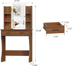 HUANLEGO Small Walnut Vanity Desk with Mirror and Lights for Women Girls | Vanity Mirror with Lights, 3 Lighting Adjustable, LED Light Strips, Built-in Power Outlet, Compact Dressing Table For Girls