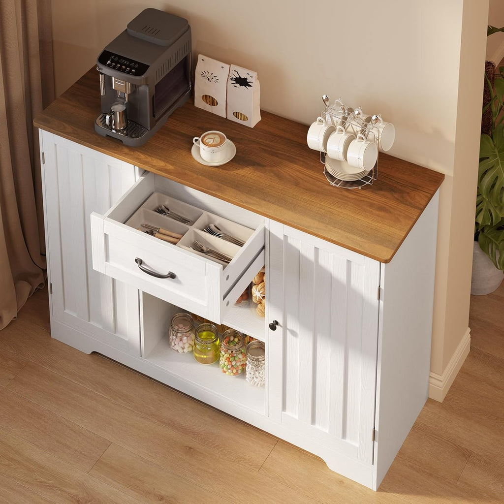 Gizoon 45" Kitchen Sideboard Buffet Cabinet with Storage Coffee Bar Cabinet with Drawer, Kitchen Pantry Storage with Door and Shelves for Bathroom and Living Room, White and Rustic