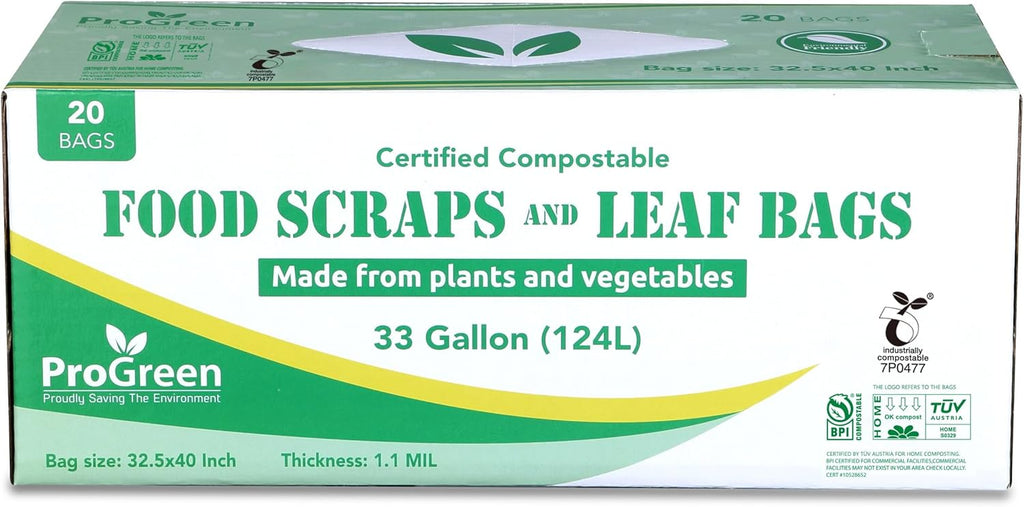 Compost Bags 33 Gallon Compostable Trash Bags, Extra Thick 1.1 Mil, Compost Kitchen Bin Bags, Food Scraps Yard Waste Bags, ASTM D6400 BPI & TÜV AUSTRIA Certified