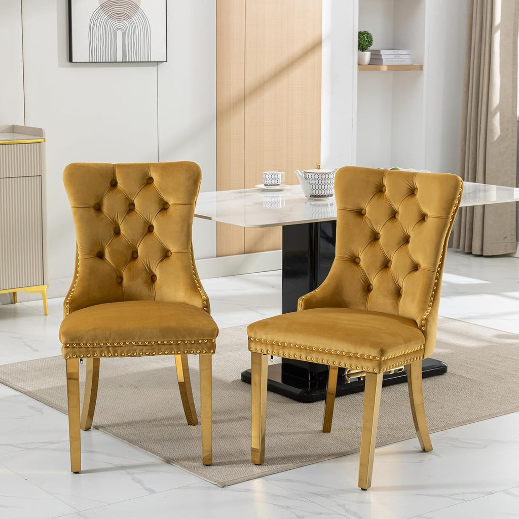 5 Piece Round Glass Dining Table Set for 4, 47" Round Dining Table & Chair Set Modern Circle Glass Kitchen Table and 4 Velvet Upholstered Chairs for Kitchen Dining (Gold Table & Gold Chair)