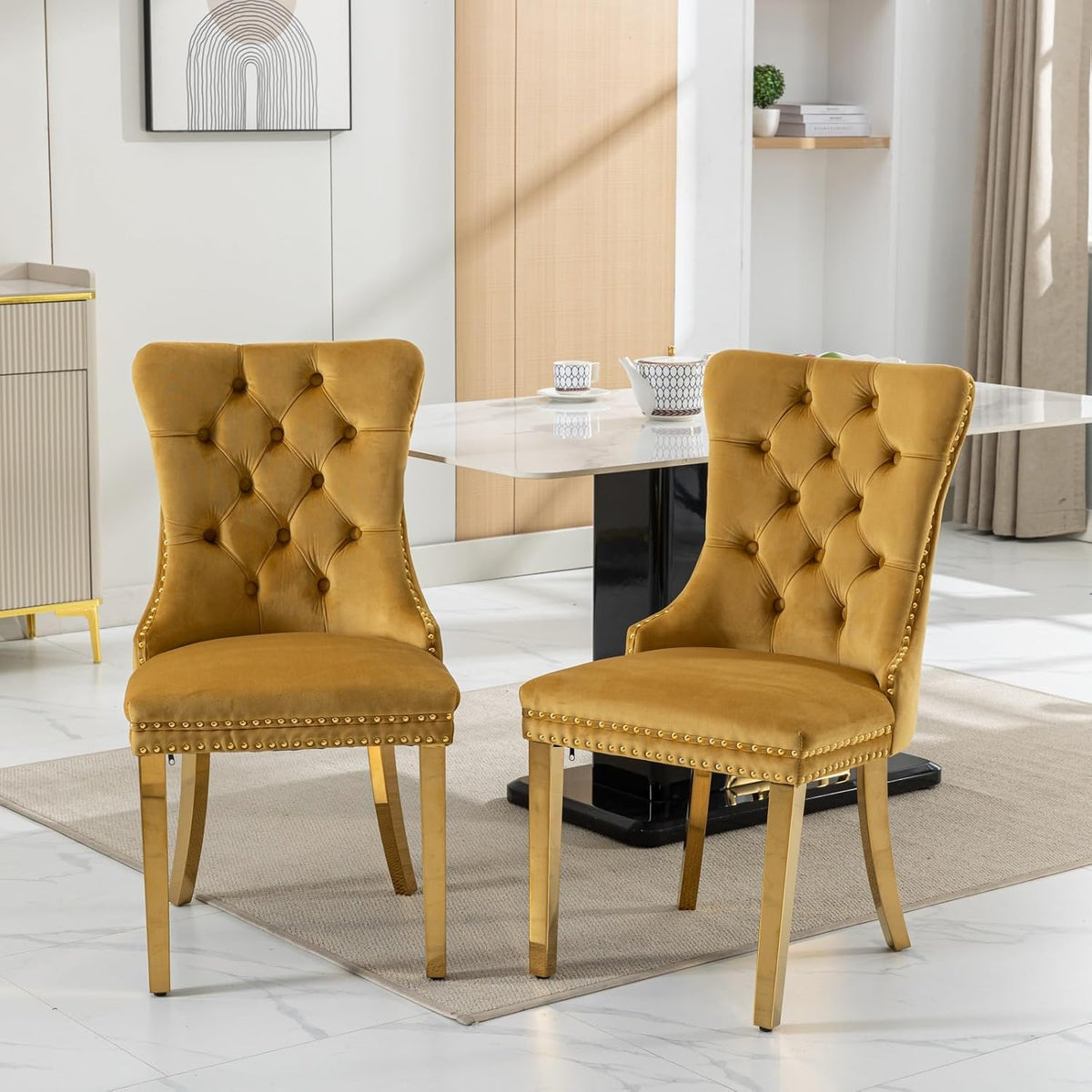 5 Piece Round Glass Dining Table Set for 4, 47" Round Dining Table & Chair Set Modern Circle Glass Kitchen Table and 4 Velvet Upholstered Chairs for Kitchen Dining (Gold Table & Gold Chair)