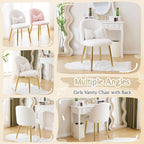 VINGLI Boucle Girls Vanity Chair with Back & Pillow,Cute Small Cozy Desk Chair No Wheels,Comfy Makeup Ch with Ajustable Gold Legs,for Bedroom,Living Room,Small Space,White