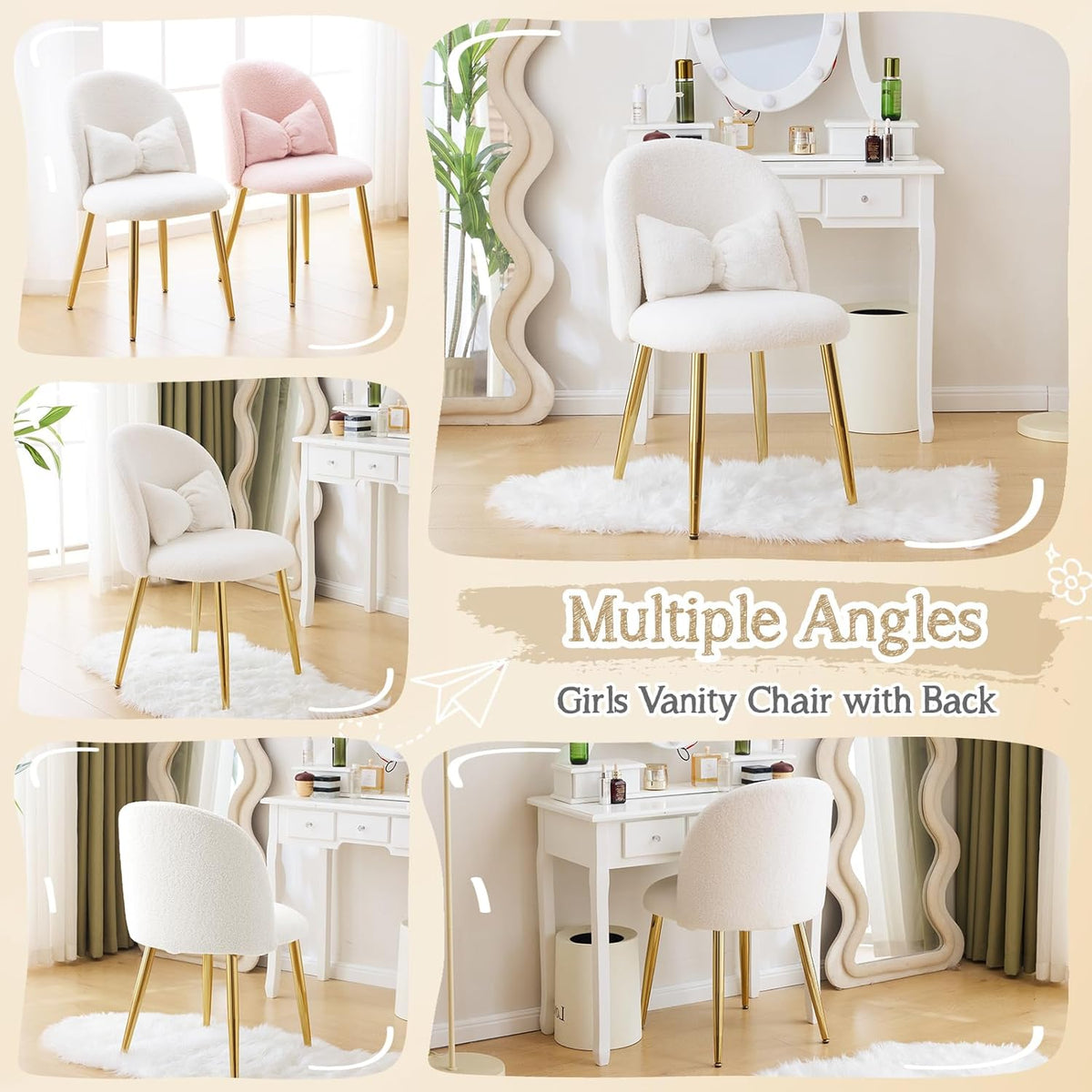 VINGLI Boucle Girls Vanity Chair with Back & Pillow,Cute Small Cozy Desk Chair No Wheels,Comfy Makeup Ch with Ajustable Gold Legs,for Bedroom,Living Room,Small Space,White