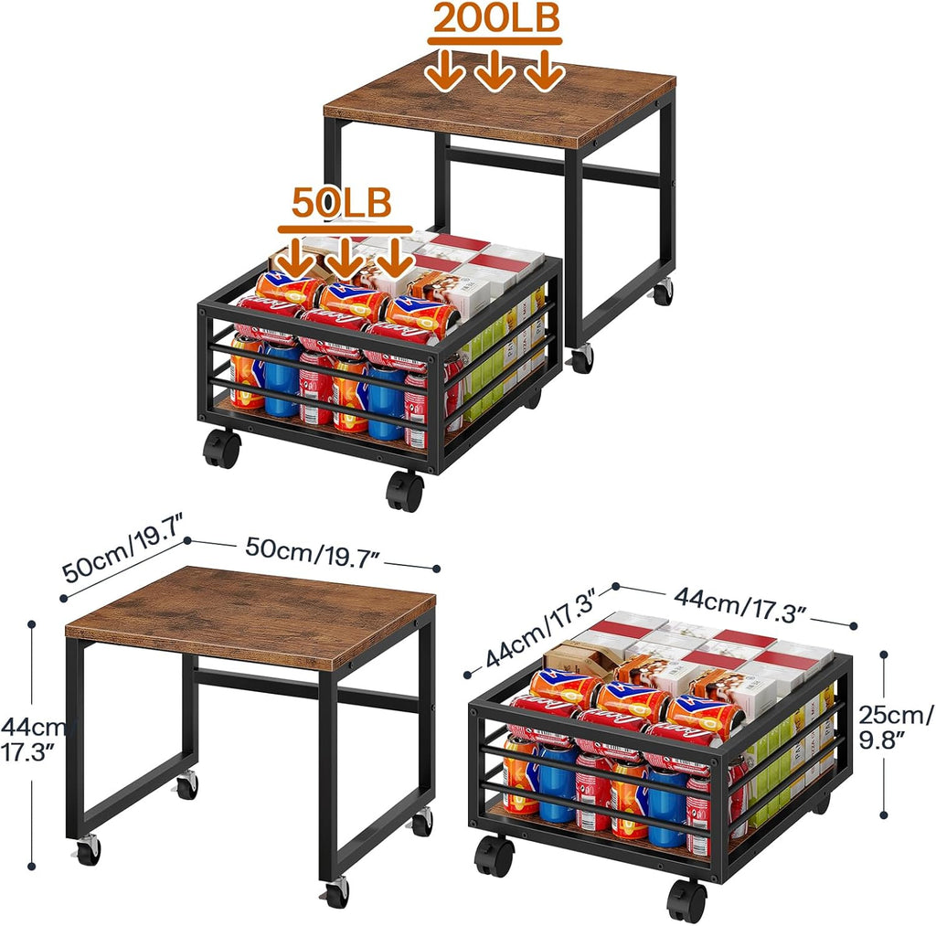 HOOBRO End Table, Mini Fridge Stand with Storage, Mini Fridge Table with Wheels and Adjustable Feet, Sturdy Metal Frame, for Living Room, Bedroom, Office, Rustic Brown and Black BF155TL01