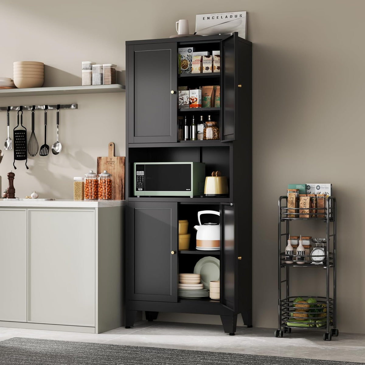 YAUWOH 69" Tall Metal Pantry Cabinet with Microwave Shelf, 4 Doors & 3 Adjustable Shelves, 120LBS Per Shelf Heavy Duty Storage Cabinet with Anti-Tip Design for Kitchen,Dining Room (1PC,Black)