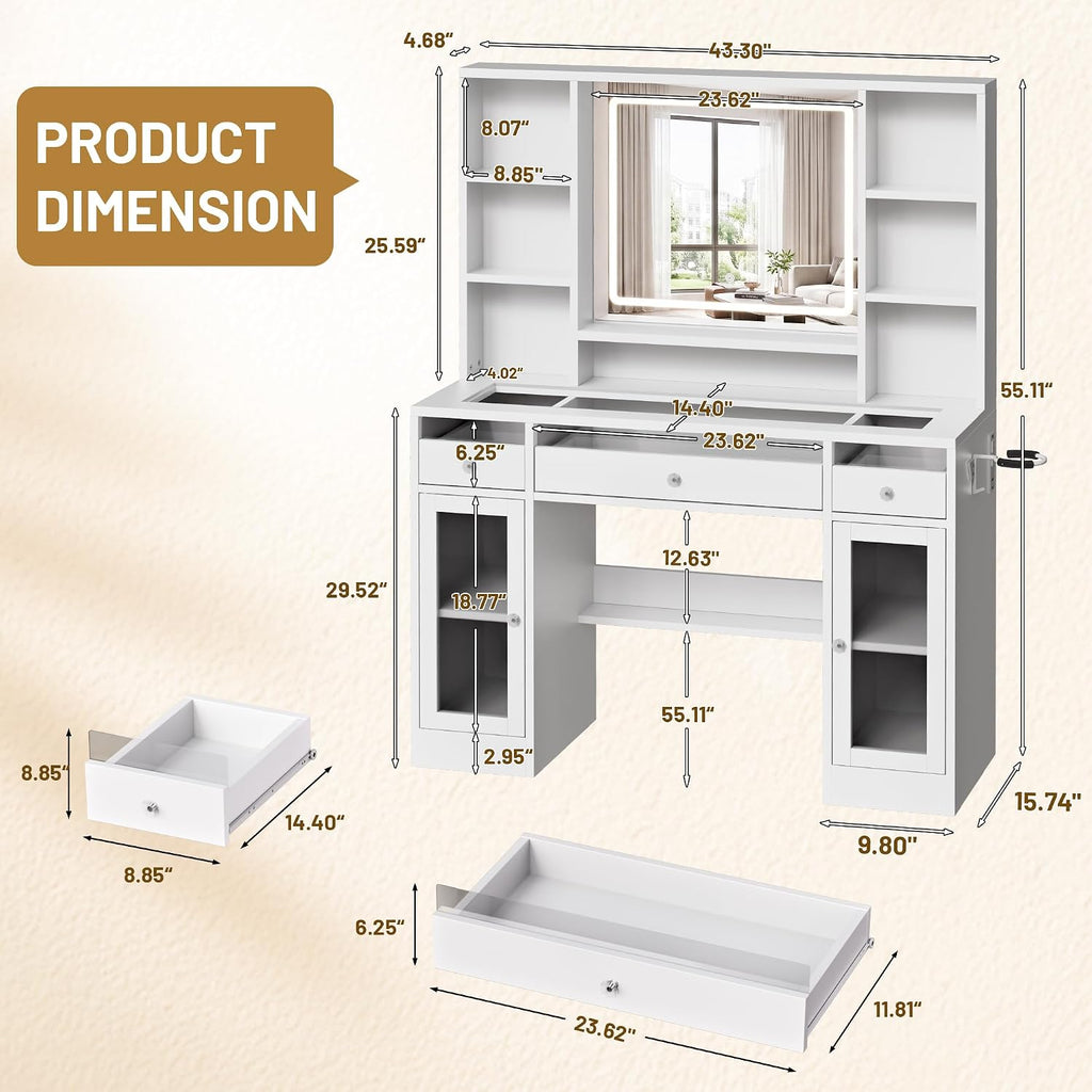 LIVELYGLOW 43.3" White Large Makeup Vanity Desk with Glass Top & RGB Lights