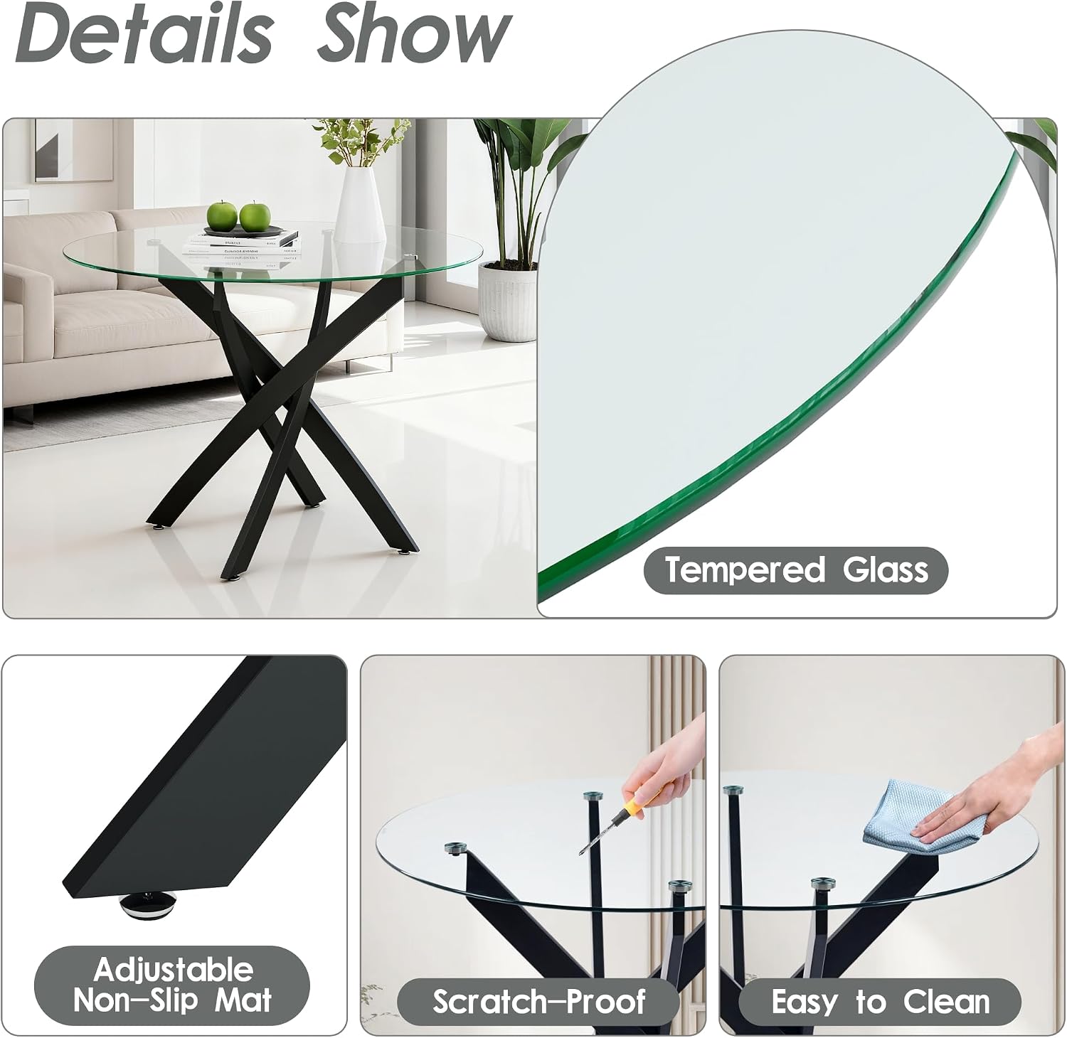 Modern Round Glass Dining Table Set for 4, 36'' Small Tempered Glass Tabletop Black Base with 4 Black Minimalism Dining Chairs, 5-Piece Clear Circle Dining Table Set(Easy Assemble)