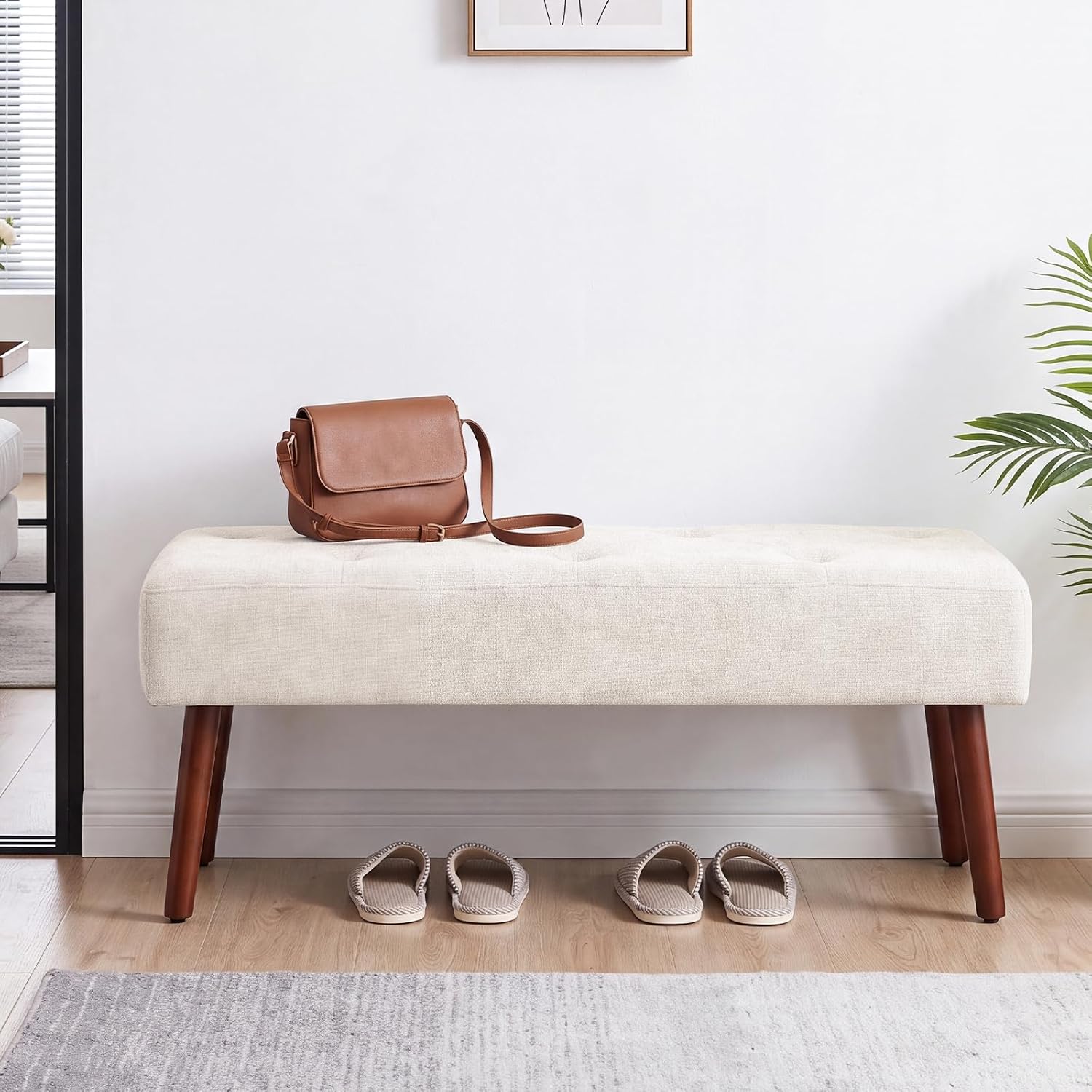 Furniliving 44 Inch Bedroom Bench, Modern Ottoman End of Bed Bench, Upholstered Chenille Padded Benches Ottoman Bench with Wooden Legs for Living Room Hallway, Kitchen, Entryway, Beige
