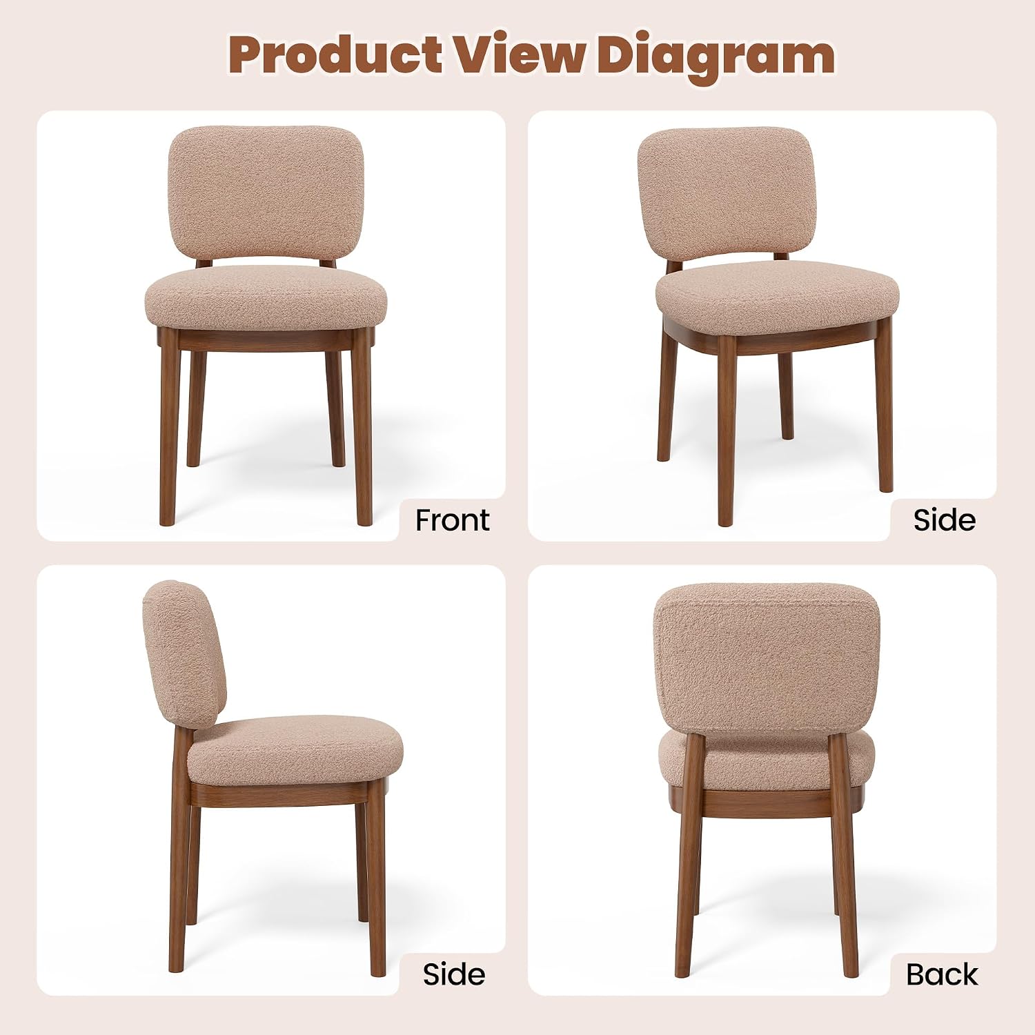 Wooden Dining Chairs Set of 2, Boucle Upholstered Kitchen Chairs with Solid Wood Legs, Mid Century Modern Dining Chairs, Farmhouse Side Chair with Hardwood Frame for Dining Room, Khaki