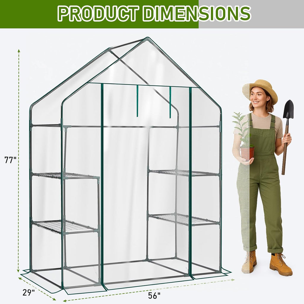 Outvita Walk-in Greenhouse, Outdoor Durable PVC Plant Green House for Frost Protection with 3 Tiers 4 Shelves, Shelf Clips, Roll-up Zipper Door, 56"x29"x77" Transparent
