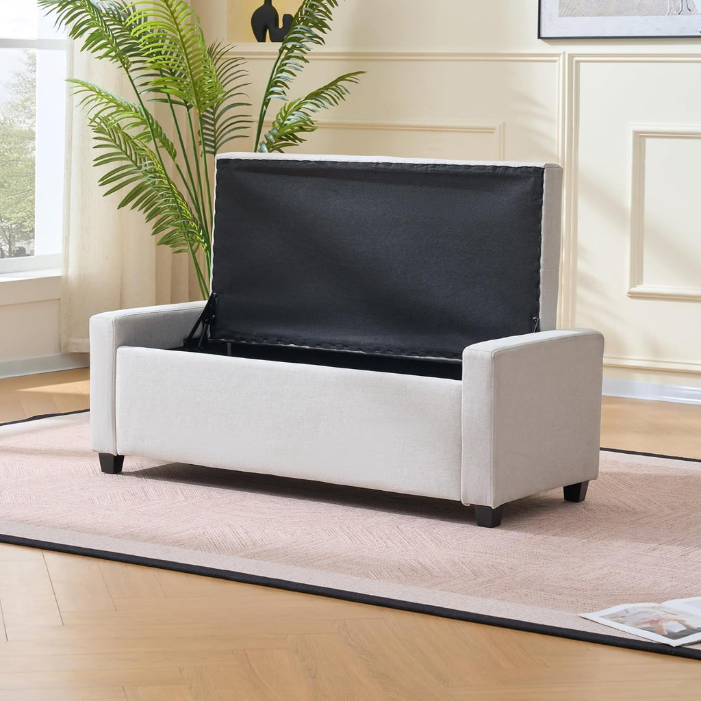 Storage Bench for Bedroom, 48.4'' End of Bed Beige Ottoman Lined Fabric Upholstered Shoe Bench for Entryway, Hallway, Bedroom, Cloakroom, Living Room, Beige.