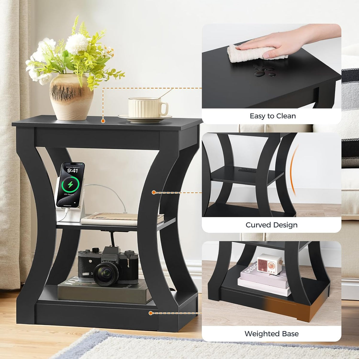 MAHANCRIS Black End Table with Charging Station, Skinny Side Table with USB Ports and Outlets, Nightstand, 3 Tier Bedside Table with Storage Shelf for Living Room, Bedroom, Small Space, ETBK53E01