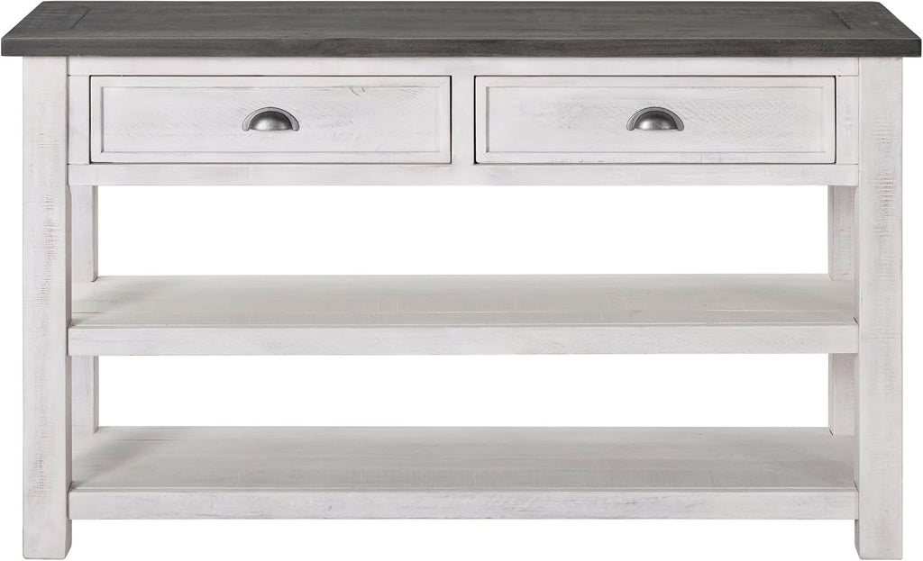Martin Svensson Home Monterey Solid Wood Sofa Console Table, White & Grey | Farmhouse Style, Pine Wood, Two Drawers, Two Open Shelves for Storage