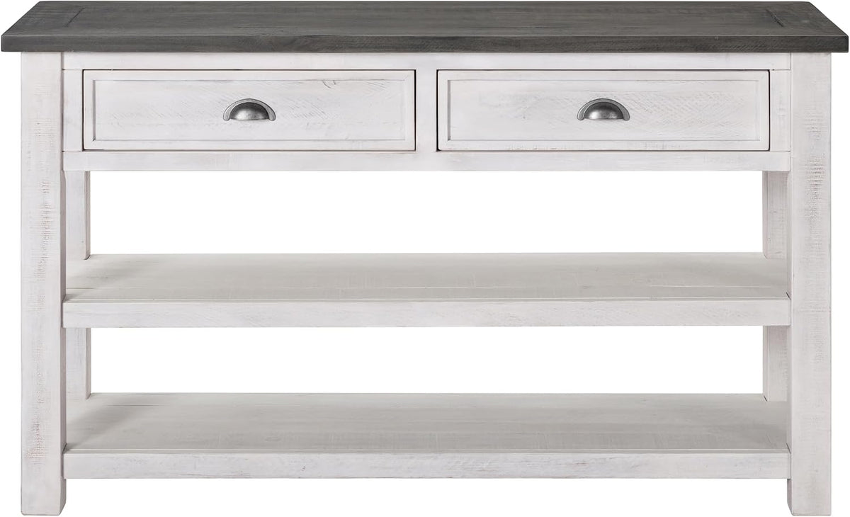 Martin Svensson Home Monterey Solid Wood Sofa Console Table, White & Grey | Farmhouse Style, Pine Wood, Two Drawers, Two Open Shelves for Storage
