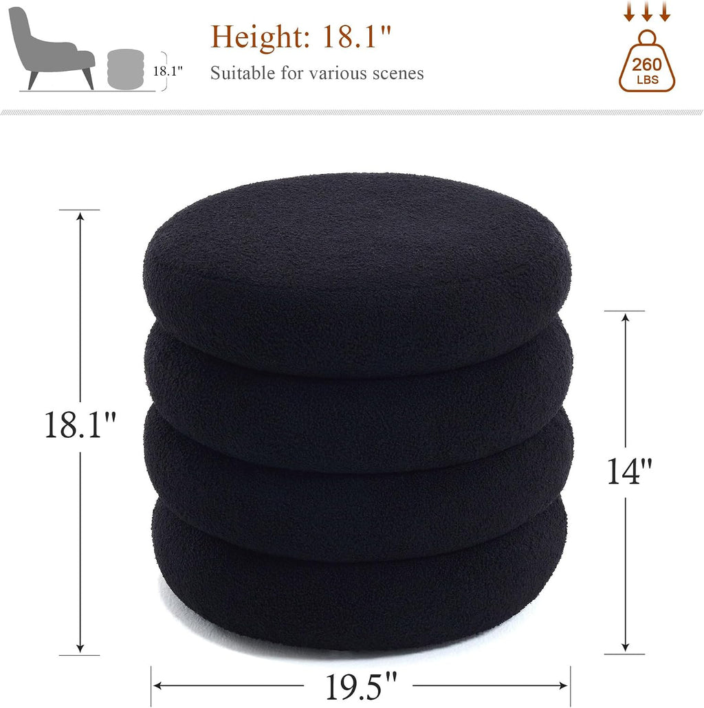 19.5 Inch Round Storage Ottoman, Modern Sherpa Ottoman Coffee Table with Removable Top, Black Vanity Stool with Storage for Bedroom, Living Room, Dorm, Set of 2