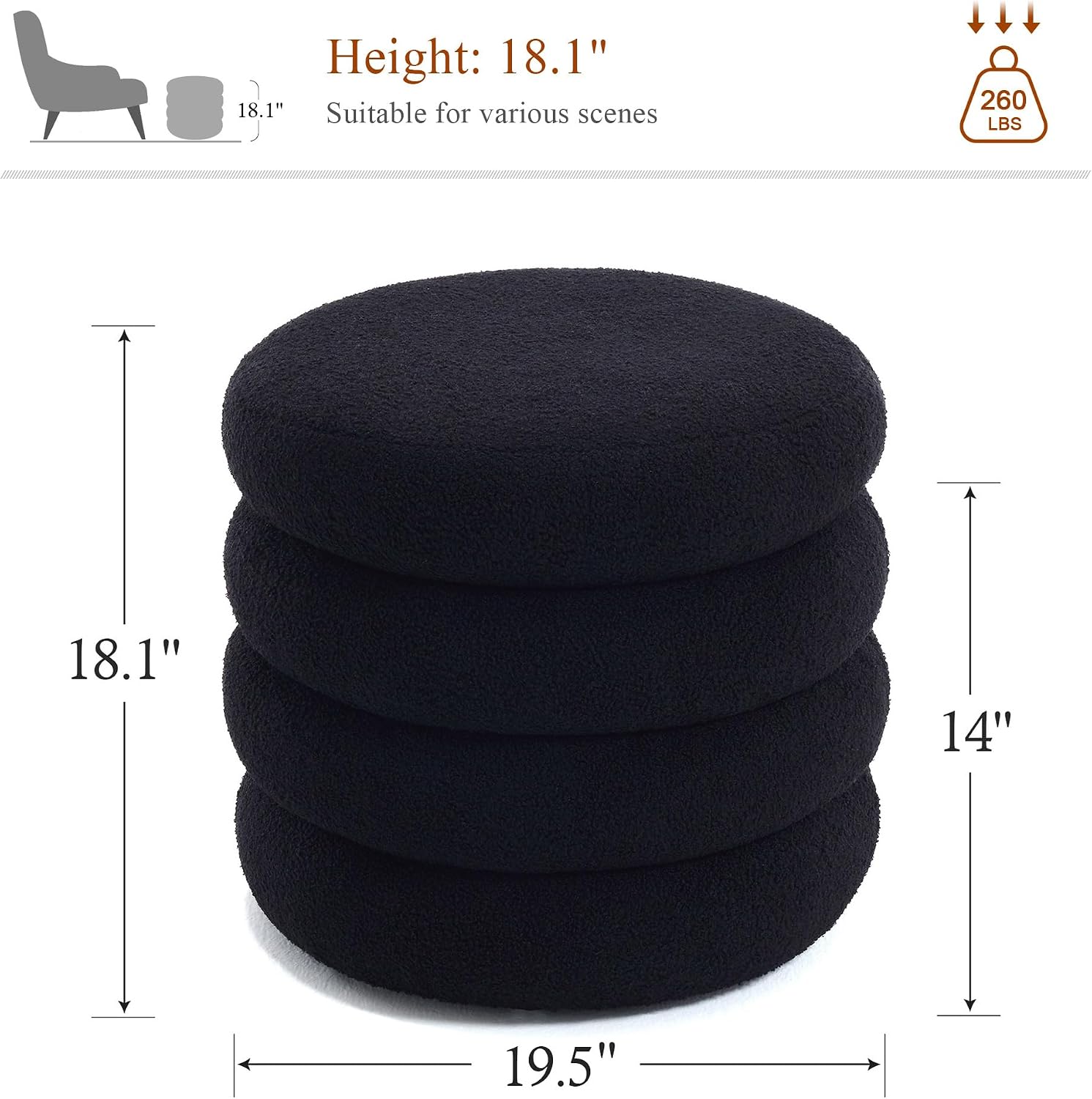19.5 Inch Round Storage Ottoman, Modern Sherpa Ottoman Coffee Table with Removable Top, Black Vanity Stool with Storage for Bedroom, Living Room, Dorm, Set of 2