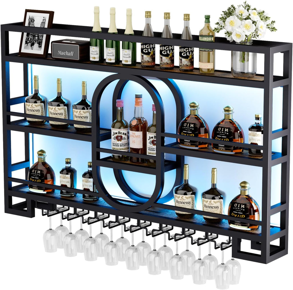 Boshen Fully Assembled 3-Tiers 47in Wine Rack Wall Mounted with LED Light | Floating Bar Shelves, Hanging Industrial Liquor Shelf, Wall-Mounted, Home, Bar, No Assembly Required, Glass Holder
