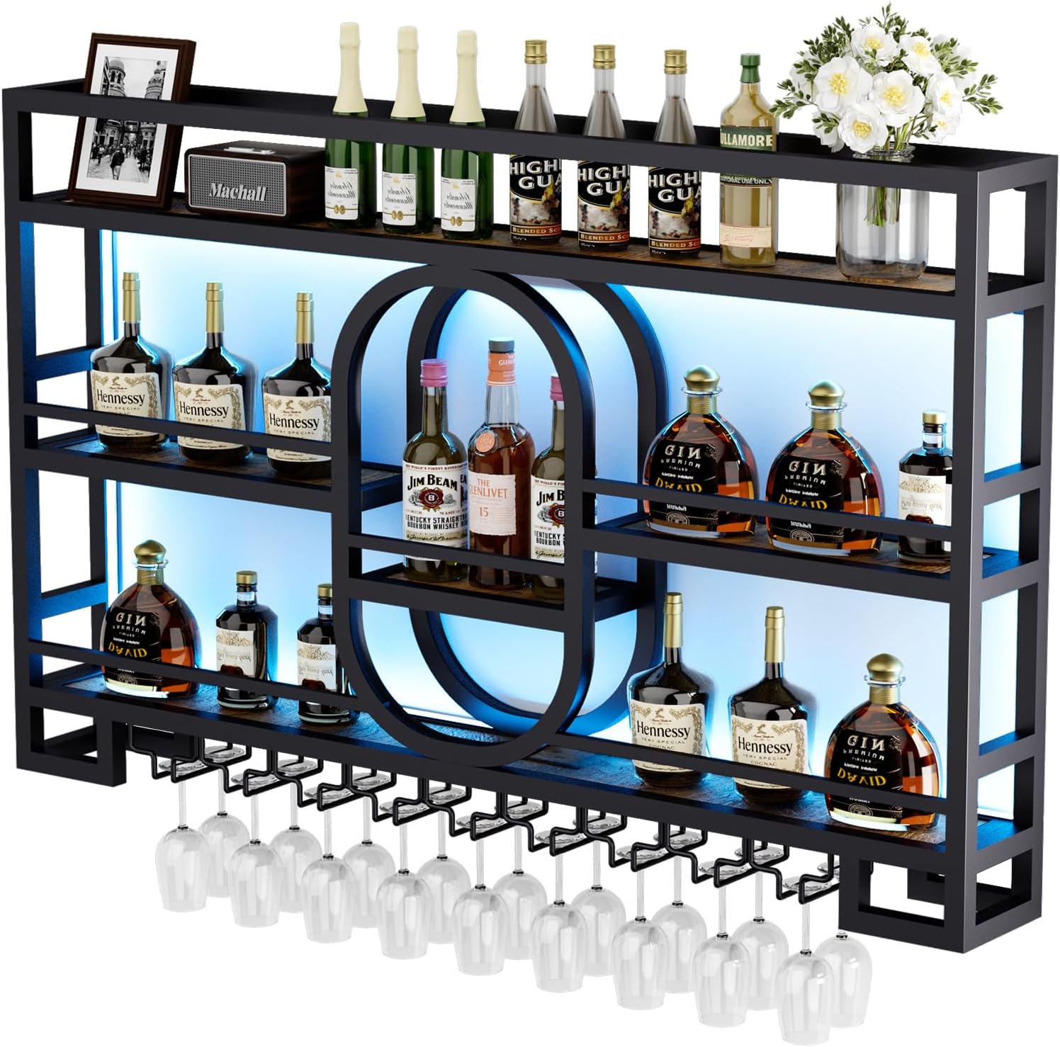 Boshen Fully Assembled 3-Tiers 47in Wine Rack Wall Mounted with LED Light | Floating Bar Shelves, Hanging Industrial Liquor Shelf, Wall-Mounted, Home, Bar, No Assembly Required, Glass Holder