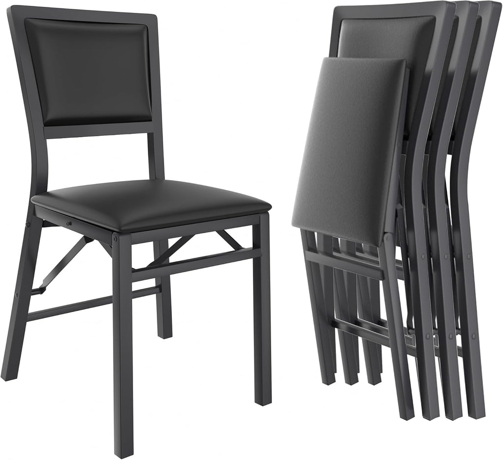 VECELO Folding Dining Chairs Set of 4, Metal Padded Foldable Seating with Comfortable Faux Leather, Space-Saving Portable Guest Seats for Kitchen & Office, No Assembly, Black