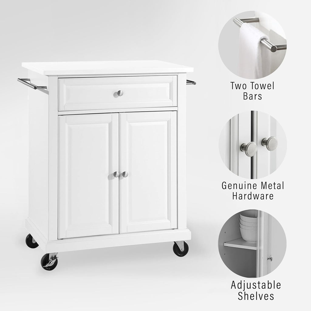 Crosley Furniture Compact Stone Top Small Rolling Cart with Shelves, Microwave Stand with Towel Rack, White