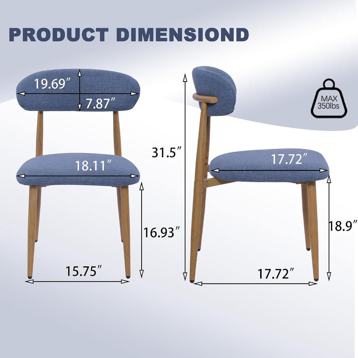 FREKEN Modern Upholstered Dining Chairs Set of 6, Mid-Century Metal Frame with Wood Grain, Linen Fabric Side Chair for Kitchen Dining Room, 350lbs Capacity, Blue