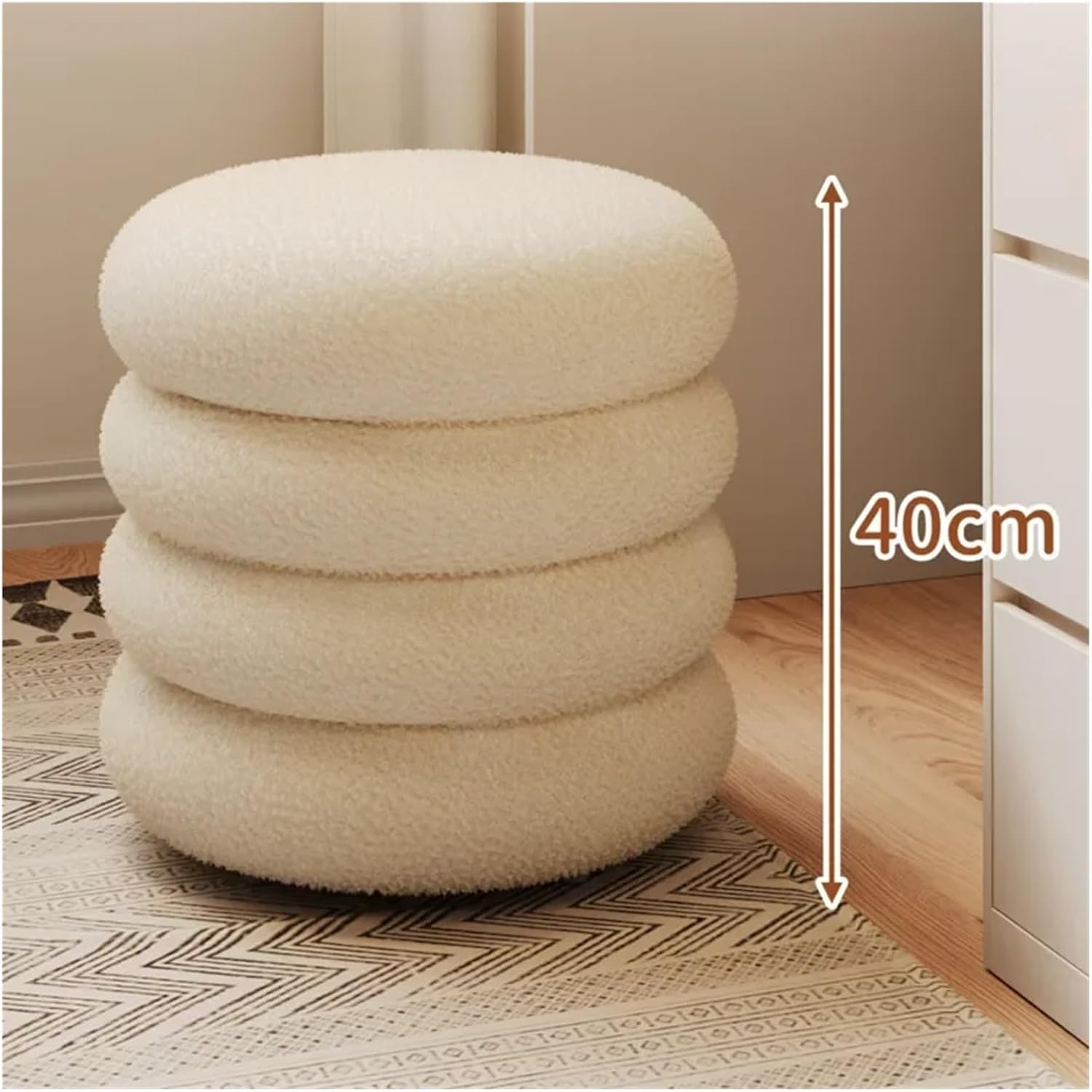 Soft Lamb Wool Ottoman Cream Vanity Stool for Girls' Makeup Bedroom Chair with Minimalist Design Round Pouf Ottoman,35x40cm Pink-One Size
