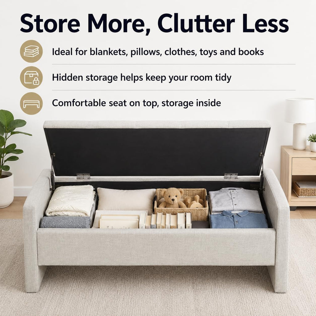 47.25 Inch Storage Ottoman Bench, Linen Upholstered, Light Grey | End of Bed Storage Bench, Entryway Shoe Bench and Footrest for Bedroom, Living Room, Dorm, Window Area and Small Spaces