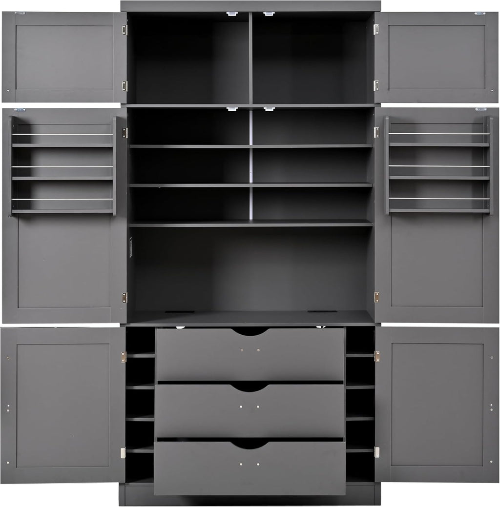 Kitchen Pantry Cabinet, Freestanding Tall Cupboard Storage Cabinet with Power Outlets, Adjustable Shelves and Door Shelves for Living Room, Kitchen (Grey)