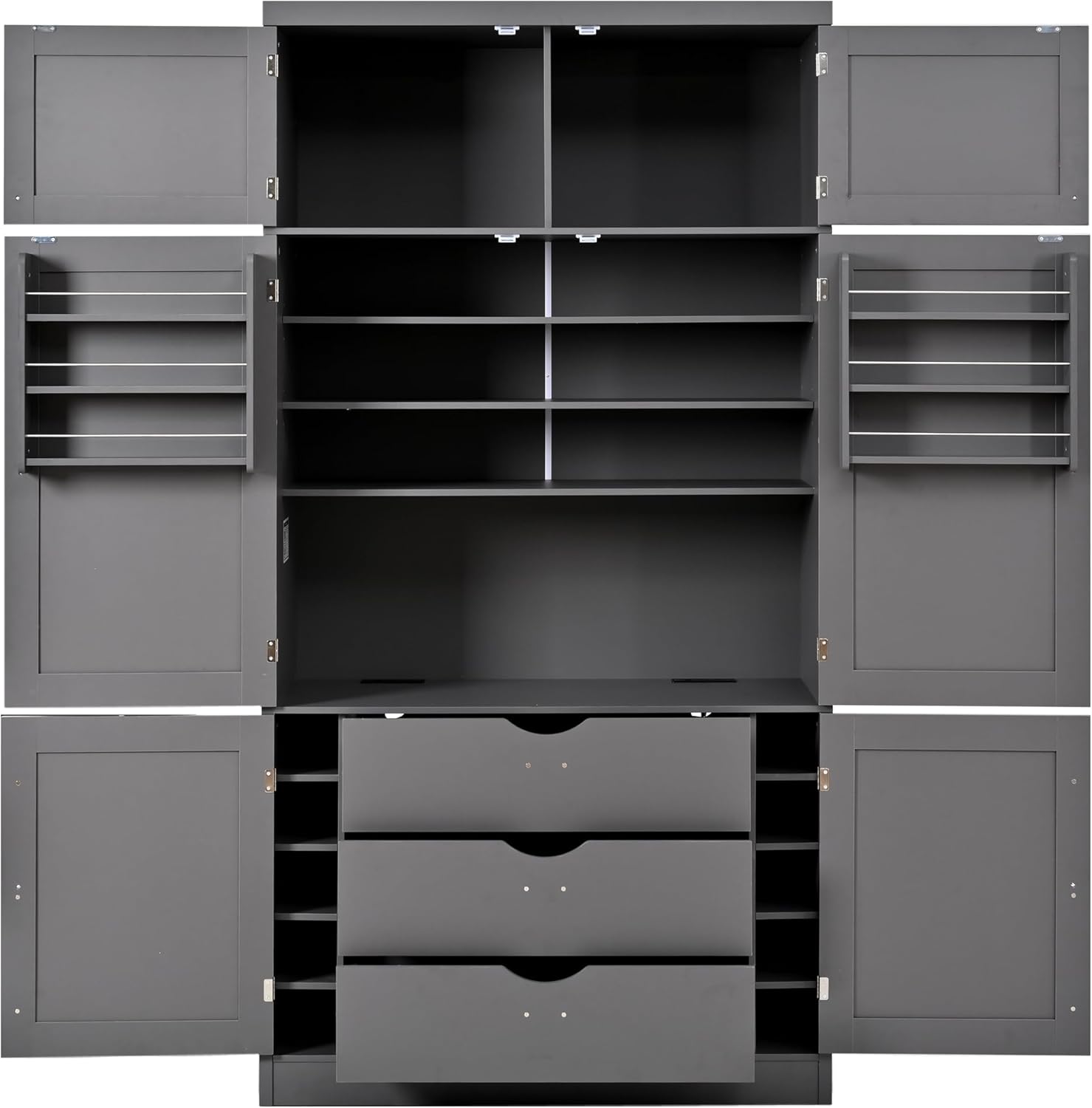 Kitchen Pantry Cabinet, Freestanding Tall Cupboard Storage Cabinet with Power Outlets, Adjustable Shelves and Door Shelves for Living Room, Kitchen (Grey)