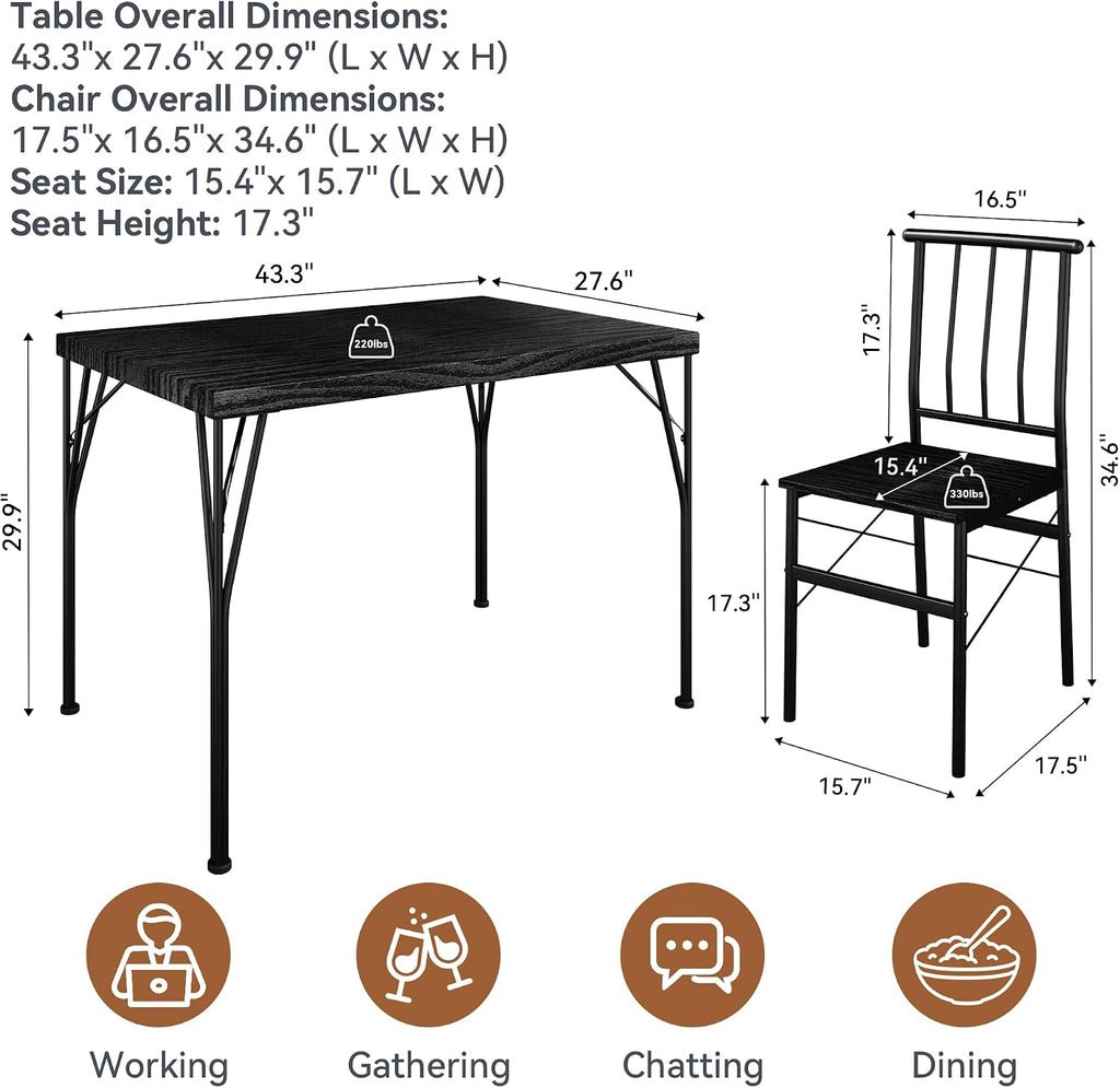 Dining Table Set for 4 with 1.6" Thick Tabletop, 5-Piece Kitchen Table Set, Space-Saving Rectangular Dining Room Kitchen Table Chair Set for Small Space,Dinette,Apartment,Rustic Black