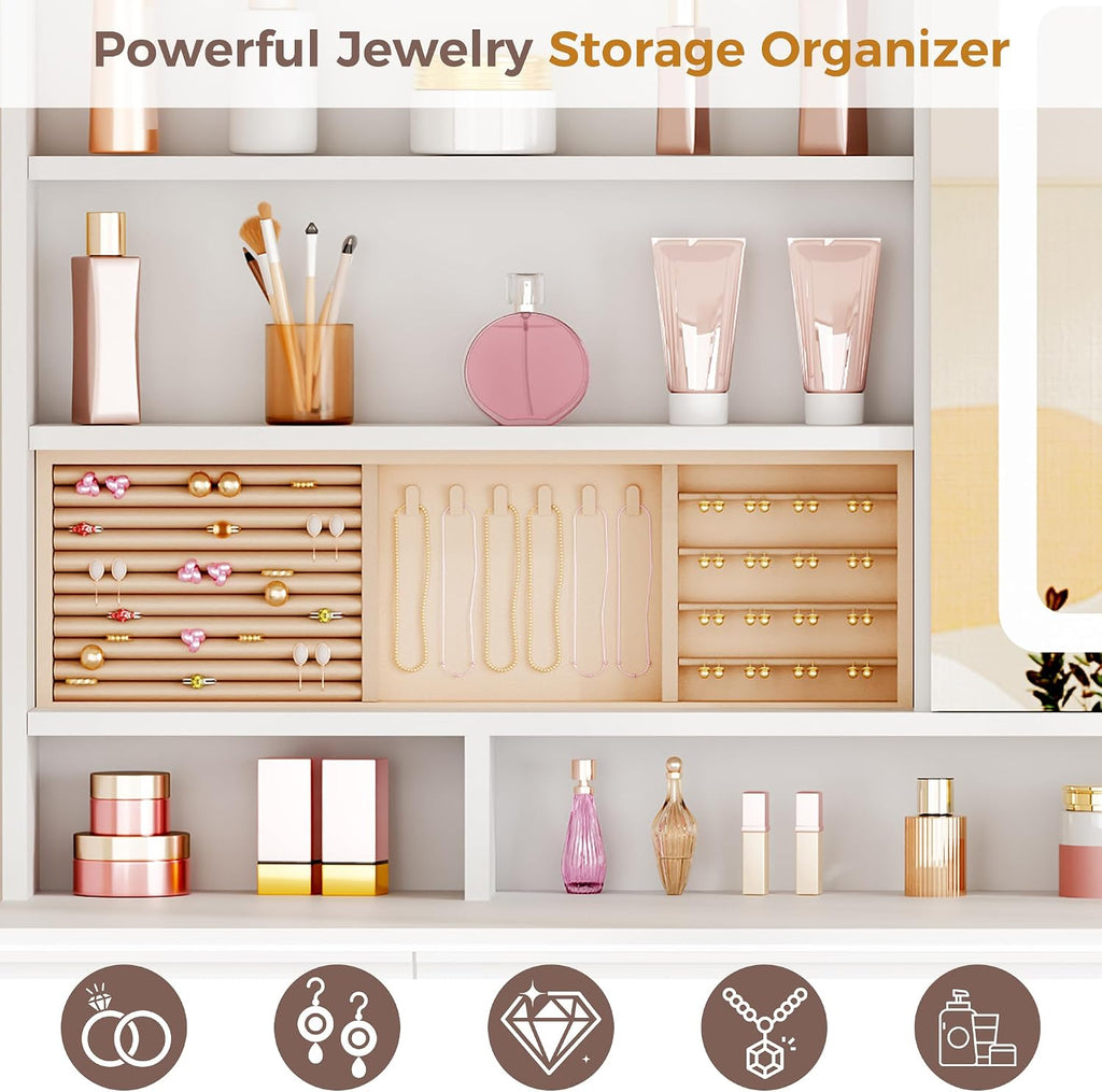 ANWBROAD Large Vanity Desk with Sliding Mirror and Lights& Jewelry Storage | White Makeup Vanity Desk with 11 Drawers,6 Shelves, 3 Color Lights,Dressing Table with Vanity stool, Power Outlet for Women
