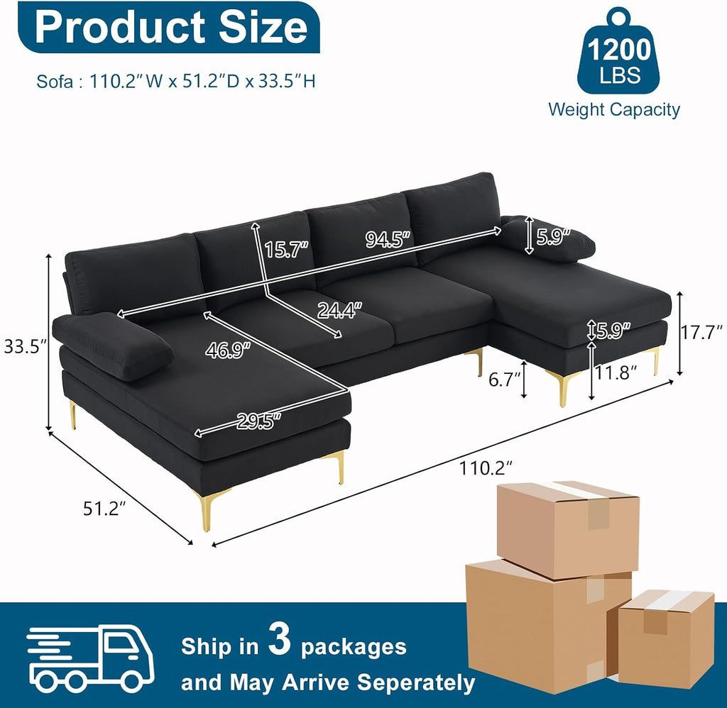 VINGLI 110" Modern Sectional Couch with 51" D Double Chaise, Black Deep Seat U Shaped Couch with Removable Pillows & Metal Legs, Comfy 4-Seat Sofas for Living Room, Linen Fabric