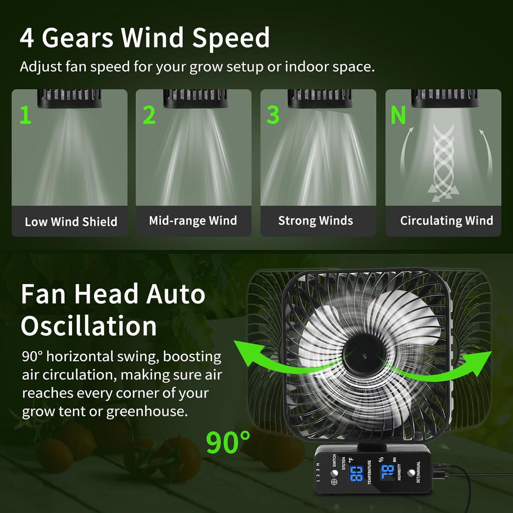 Grow Tent Fan 6”, LCD Display with Sensor, Adjustable Temp & Humidity Control, 4-Speed, 90° Oscillating Fan, Strong Airflow for Indoor Growing, Mushroom Box, Desk Use