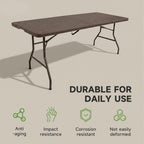 Folding Table 6 Foot, Heavy Duty 600 LBS Capacity, HDPE Wicker Pattern, Sturdy Design with Safety Lock, Portable Tables Folding for Camping, Party, Indoor & Outdoor Use, 2 Pack