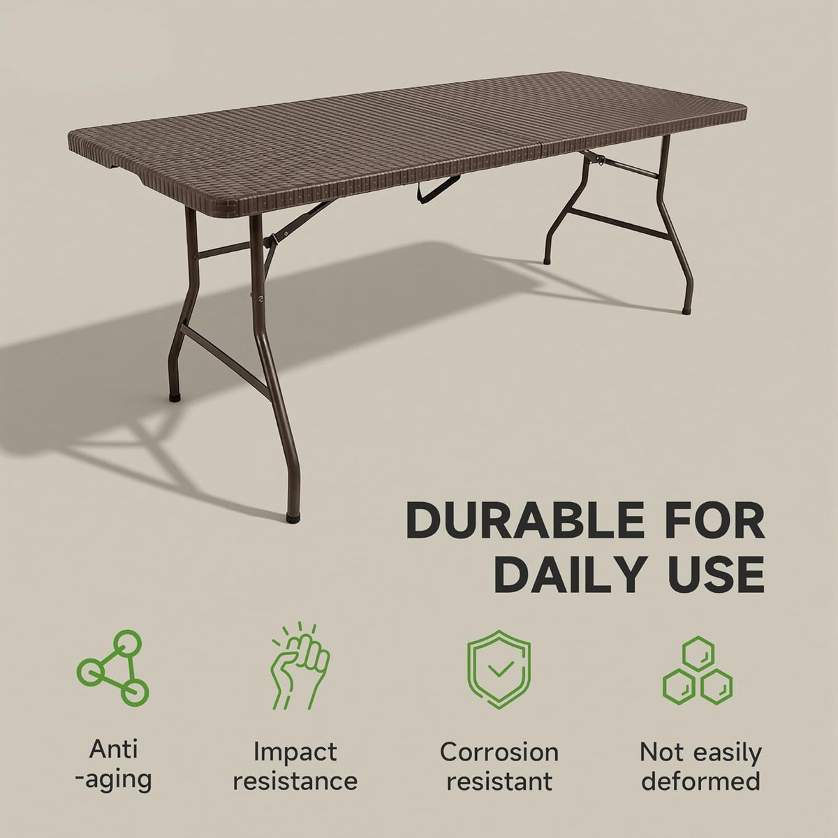 Folding Table 6 Foot, Heavy Duty 600 LBS Capacity, HDPE Wicker Pattern, Sturdy Design with Safety Lock, Portable Tables Folding for Camping, Party, Indoor & Outdoor Use, 2 Pack