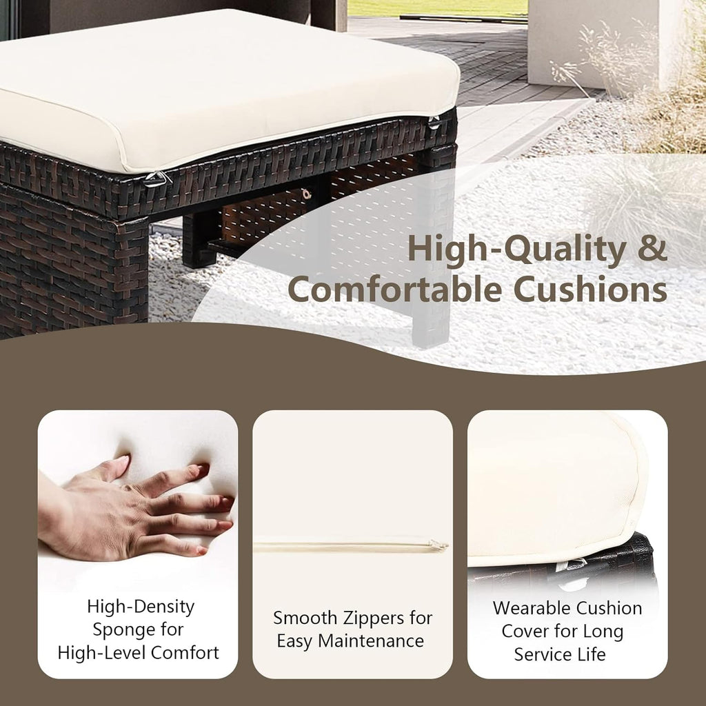 2-Piece Wicker Ottomans, Outdoor Rattan Foot Rest Set of 2 w/Removable Cushions, Multipurpose Foot Stool, Side Table & Additional Seating for Patio, Backyard & Poolside (Off White)
