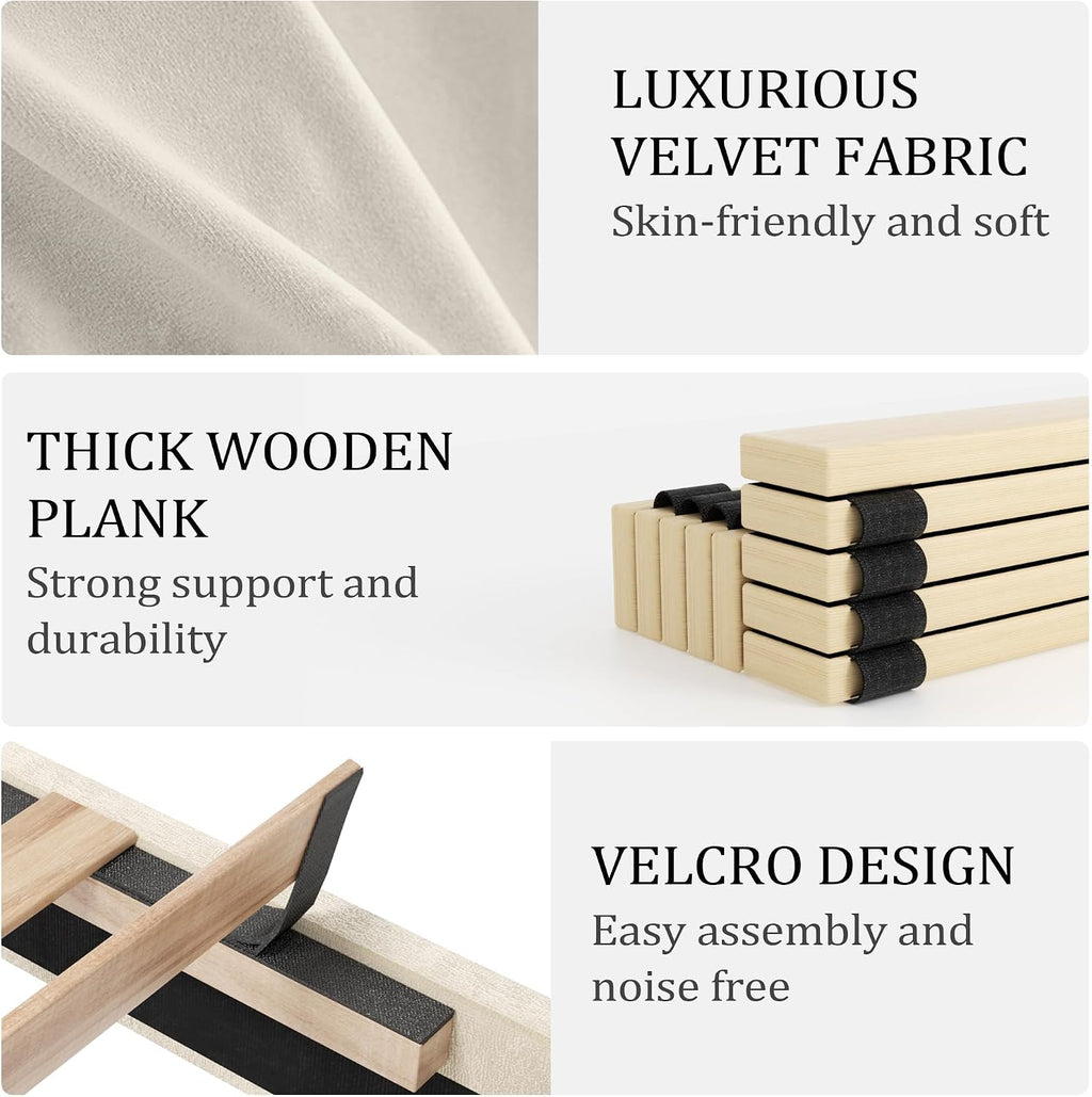 King Size Bed Frame with Tall 51.2" Wingback Headboard, Luxury Platform Bed with Velvet Upholstered Footboard, Deep Button Tufted, Nailhead Trim, No Box Spring Needed, Easy Assembly, Cream