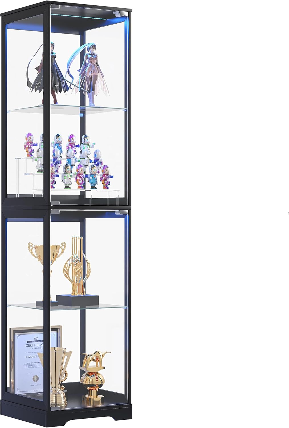 Glass Display Cabinet with Doors, 65" Tall 4-Tier Curio Display Case with 3 Color Lights and Human Body Sensor, Bookcase for Collectibles, Black