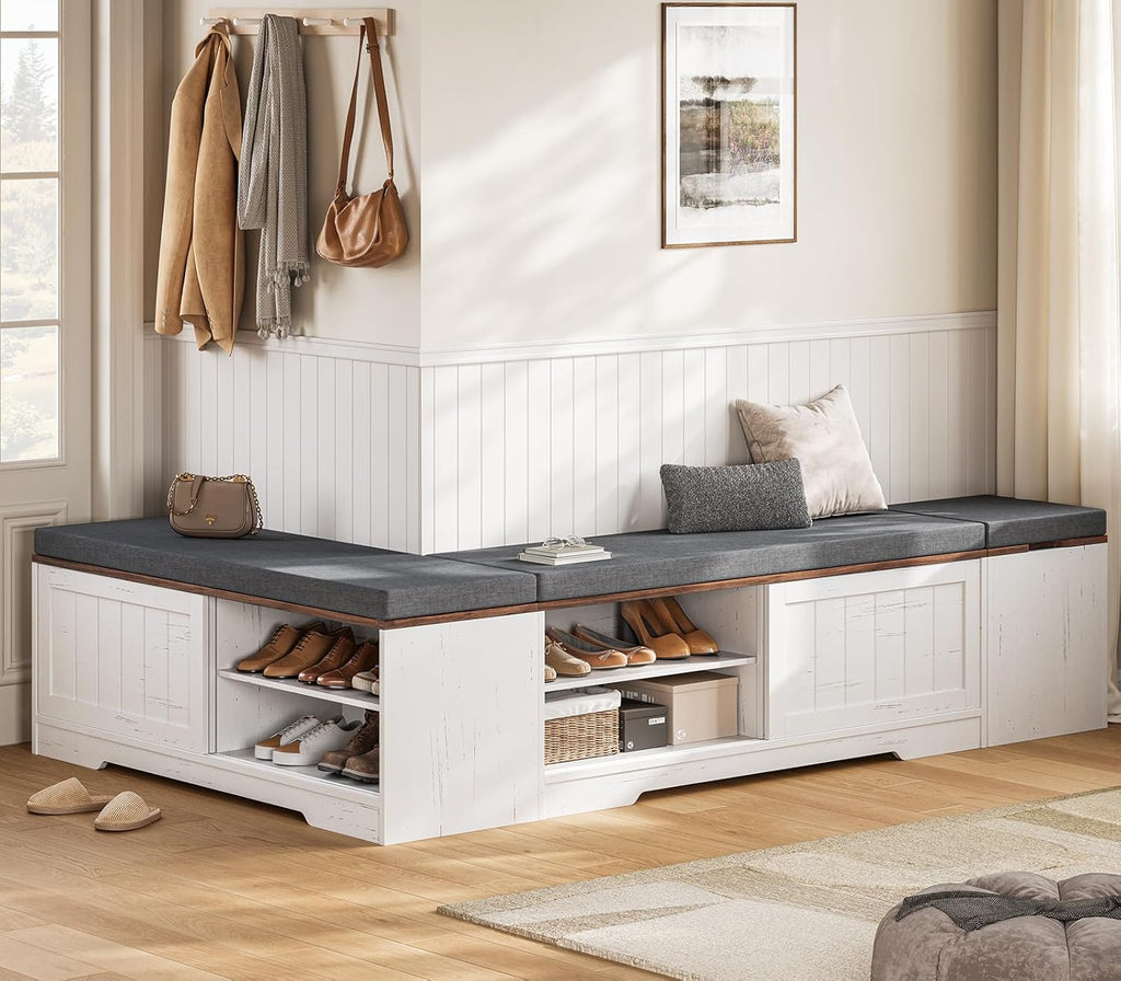 UPOSOJA Farmhouse L Shaped Corner Shoe Storage Bench with Cushion Entryway Shoe Rack with Slide Barn Doors, Adjustable Shelf and 1 Cabinet for Entryway Dining Room, Kitchen, Bedroom (White-Brown)