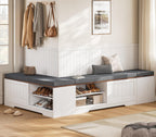 UPOSOJA Farmhouse L Shaped Corner Shoe Storage Bench with Cushion Entryway Shoe Rack with Slide Barn Doors, Adjustable Shelf and 1 Cabinet for Entryway Dining Room, Kitchen, Bedroom (White-Brown)