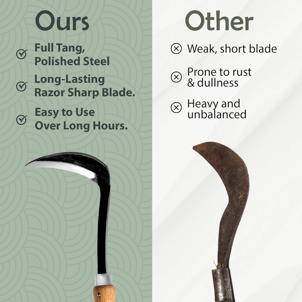 Muldale Japanese Weeding Sickle – Curved Razor Hand Hoe Garden Tool with Ergonomic Wooden Handle for Easy Manual Weeding & Gardening