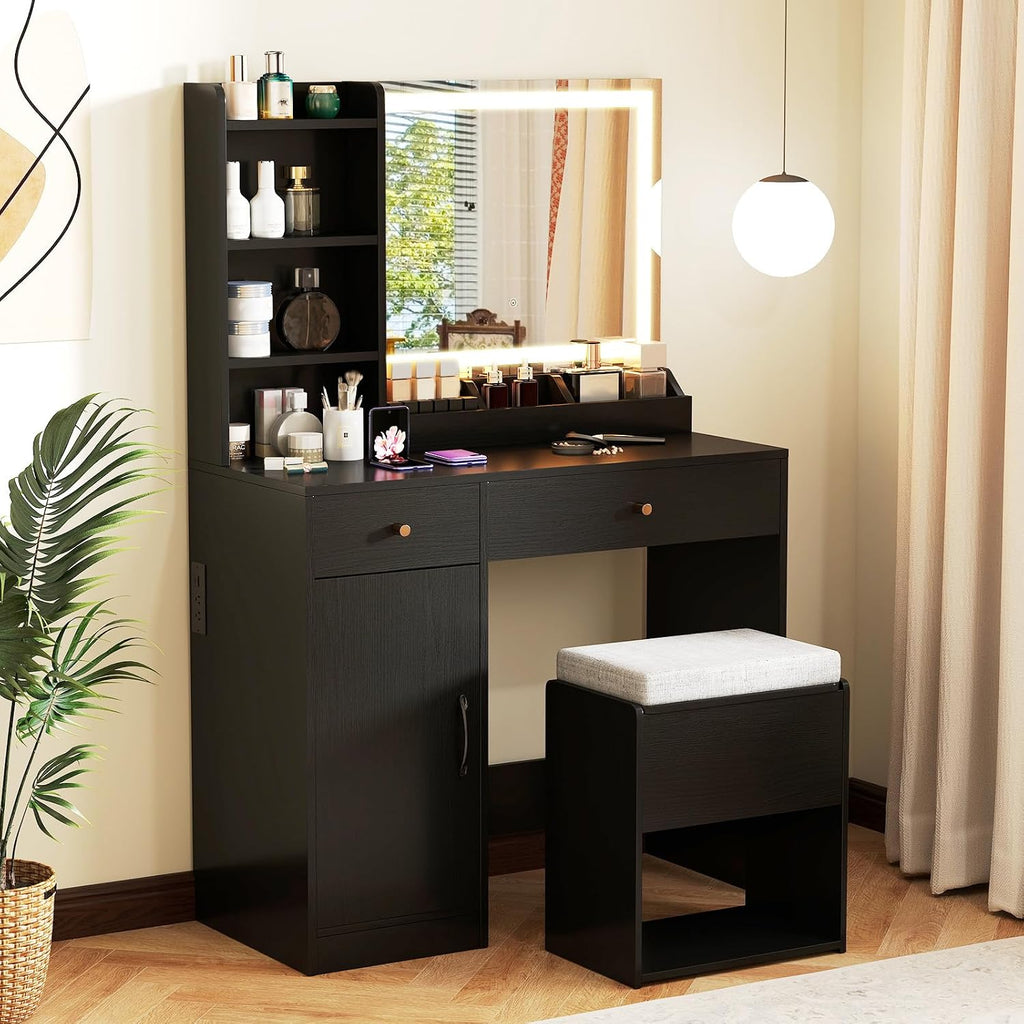 CHARMAID Makeup Vanity Desk with Lighted Mirror & Charging Station, Vanity Table with Storage Stool, Drawers, Cabinet & Shelves, LED Mirror with 3 Color Lights, Dressing Table for Bedroom (Black)